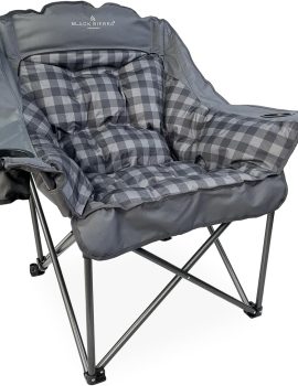 Black Sierra Plush Camping Chair for Sports & Outdoors, Oversize XL Outdoor Folding Chair Supports 400 lbs, Heavy Duty Lounge w/Cup Holders & Carry Bag Perfect for Tailgating, Patio