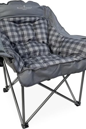 Black Sierra Plush Camping Chair for Sports & Outdoors, Oversize XL Outdoor Folding Chair Supports 400 lbs, Heavy Duty Lounge w/Cup Holders & Carry Bag Perfect for Tailgating, Patio