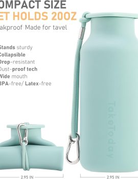 Collapsible Water Bottles 20 oz, Leak Proof, BPA Free Foldable Silicone Travel Water Bottle Cups for Taveling, Outdoors, On the go, Sage Green