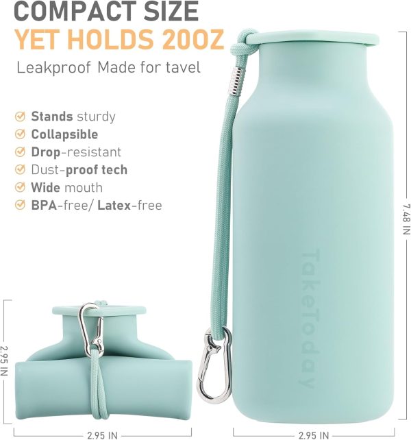 Collapsible Water Bottles 20 oz, Leak Proof, BPA Free Foldable Silicone Travel Water Bottle Cups for Taveling, Outdoors, On the go, Sage Green - Image 2